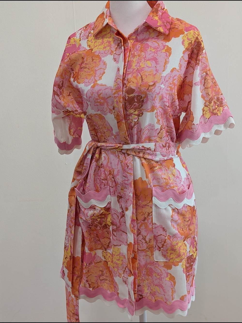 Fore Floral Tie-Waist Mini Shirt Dress in Pink & Orange